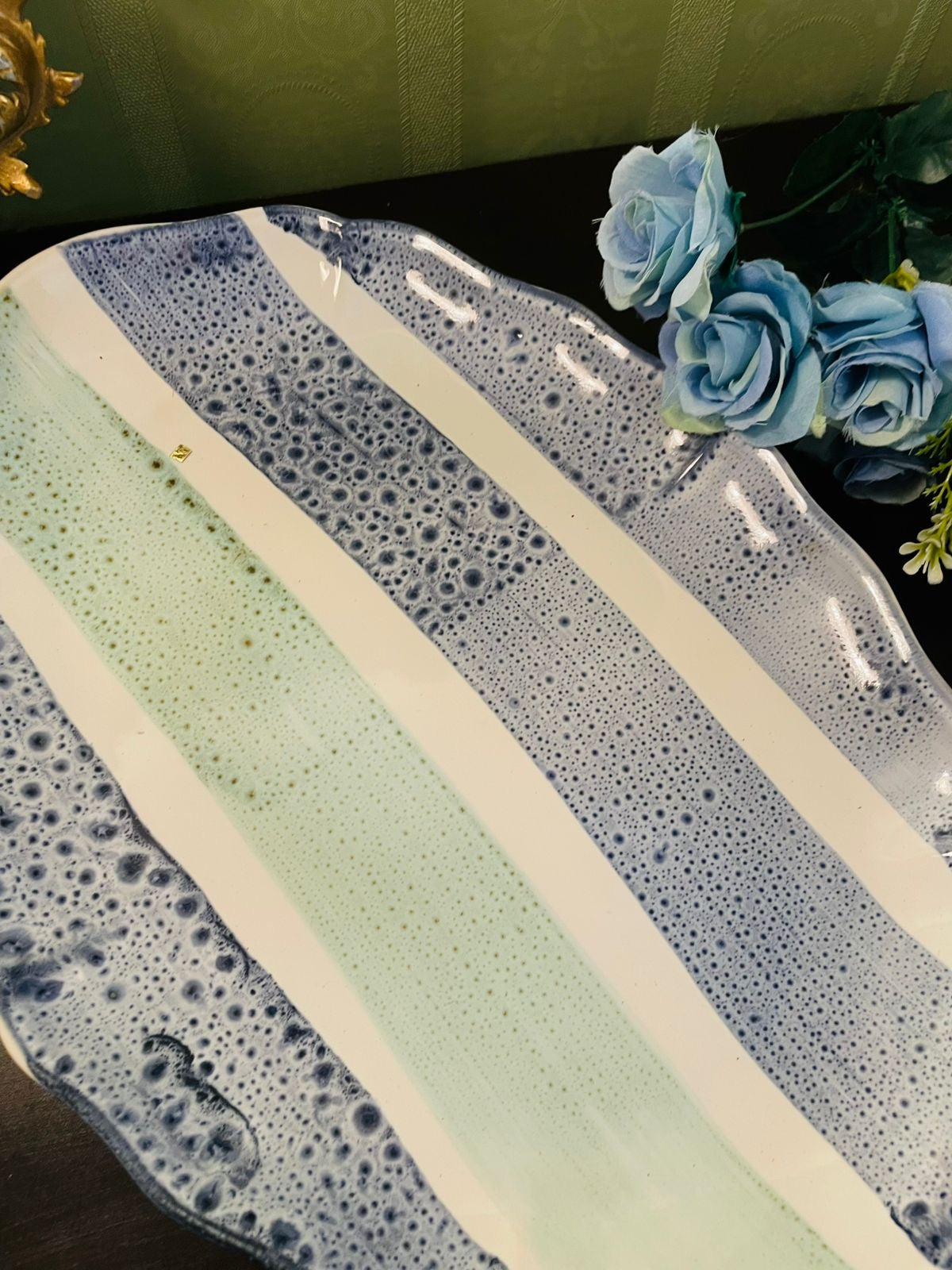 Vintage Portuguese Ceramic Serving Platter | Blue Speckled Oval Tray