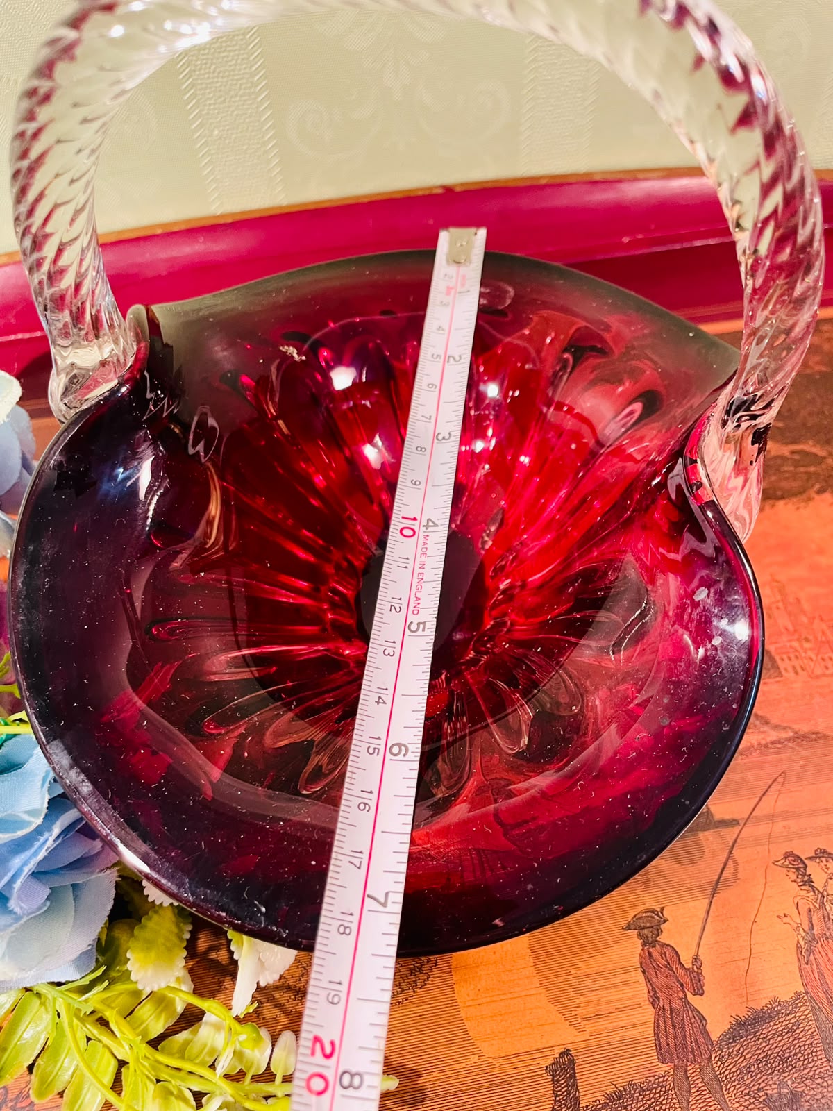 Ruby Red Crystal Basket with Clear Handle – 8 Inch