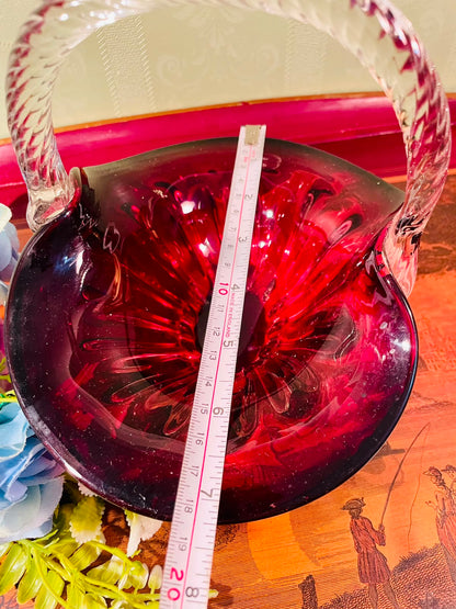 Ruby Red Crystal Basket with Clear Handle – 8 Inch