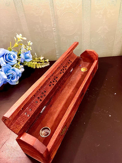 Carved Wooden Incense Burner Box with Storage Compartment