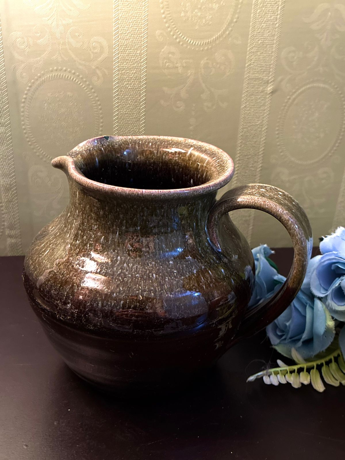 Vintage Brown and Green Pottery Jug Rustic Stoneware Pitcher