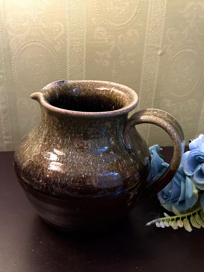 Vintage Brown and Green Pottery Jug Rustic Stoneware Pitcher