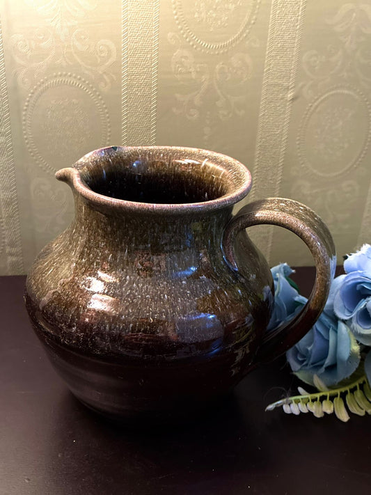 Vintage Brown and Green Pottery Jug Rustic Stoneware Pitcher