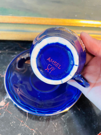 Vintage Amsel Japan Cobalt Blue Mini Cup & Saucer – Hand-Painted Golden Peacocks – 2.5 Inches