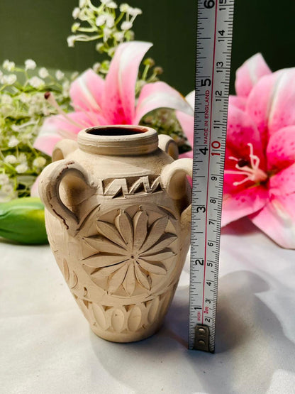 Carved Beige Ceramic Amphora Vase with Handles 4 in