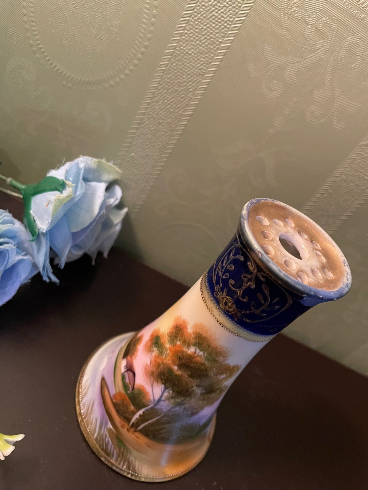 Vintage Hand-Painted Porcelain Bud Vase with Scenic Landscape