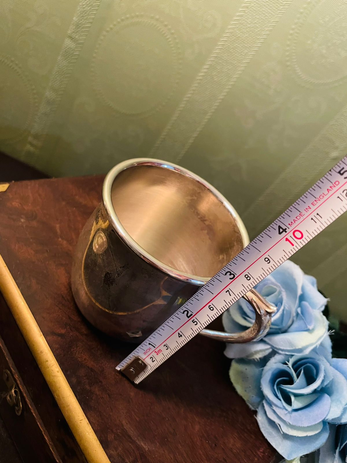 Vintage Silver Tone Mug with Ornate Handle 3 Inch