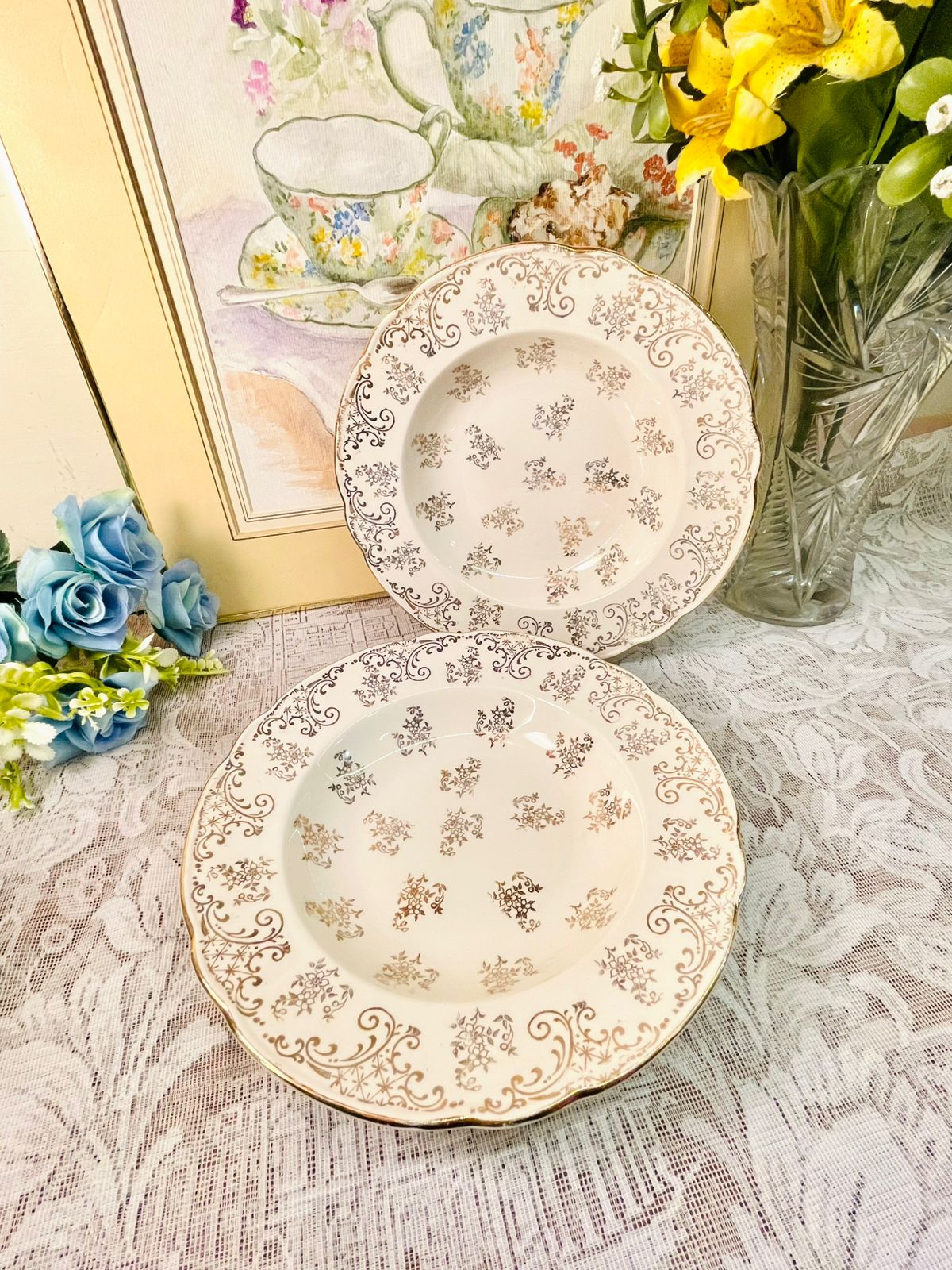 Vintage Gold Floral Porcelain  2 Deep Platers – Set