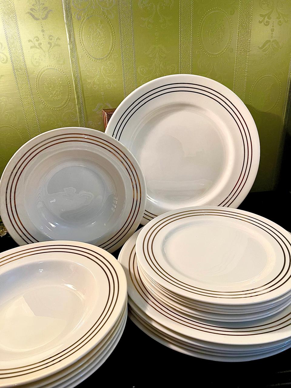 HOME brand 18-Piece White Tableware Set with Triple Gold-Tone Lines