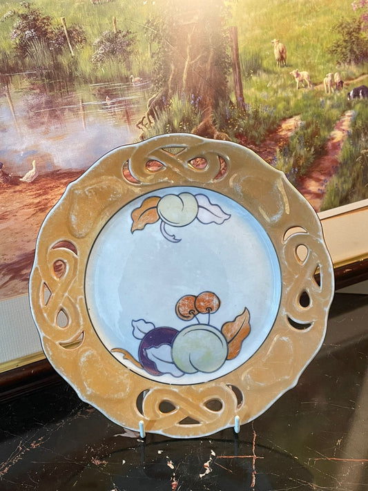 Vintage Fruit Motif Decorative Plate with Cutwork Border – England