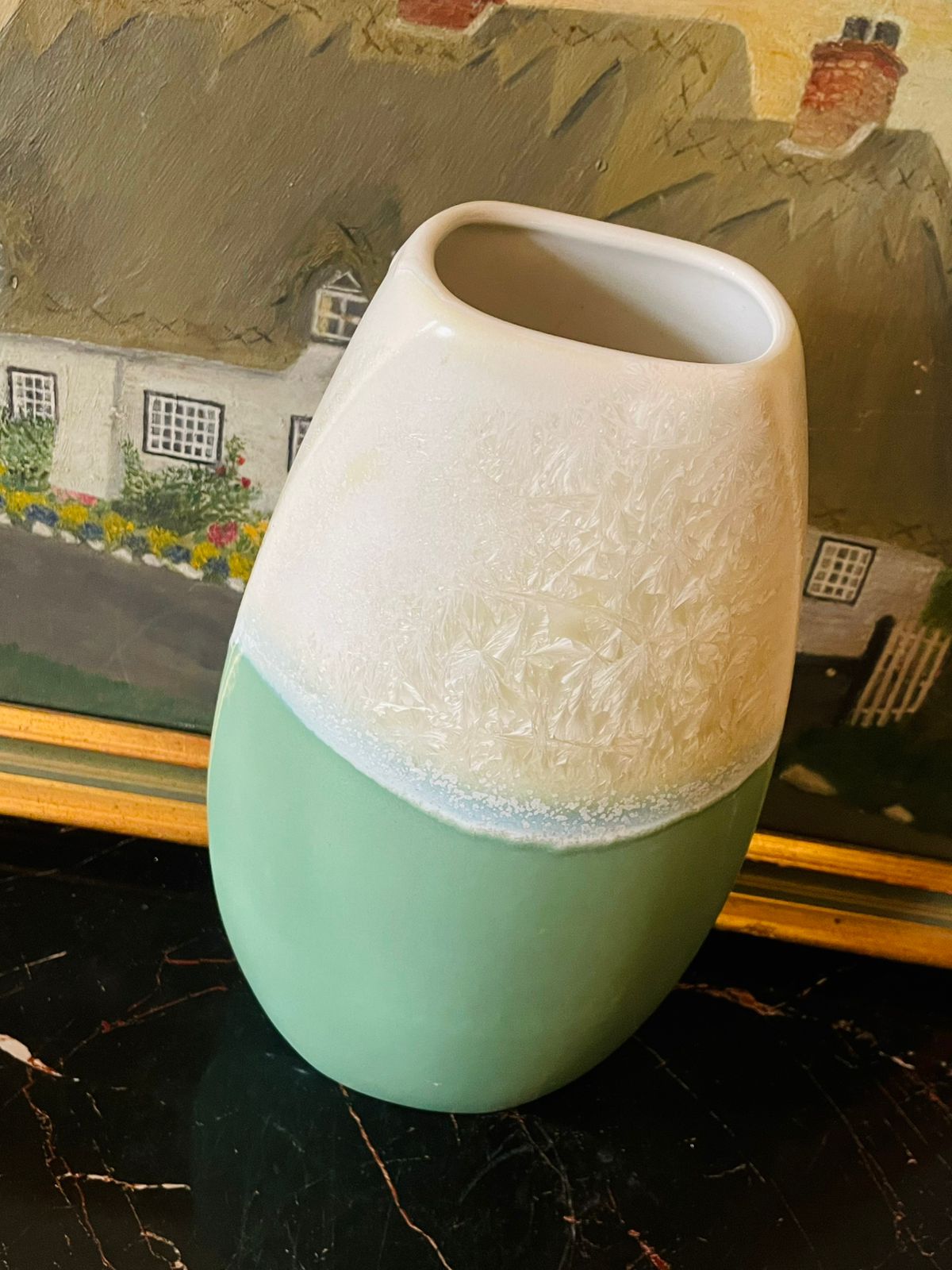 Modern Two-Tone Ceramic Vase – Mint Green & Ivory Textured Glaze, 12 Inch