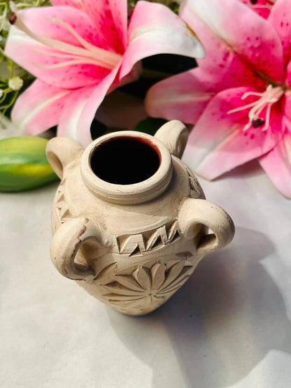Carved Beige Ceramic Amphora Vase with Handles 4 in