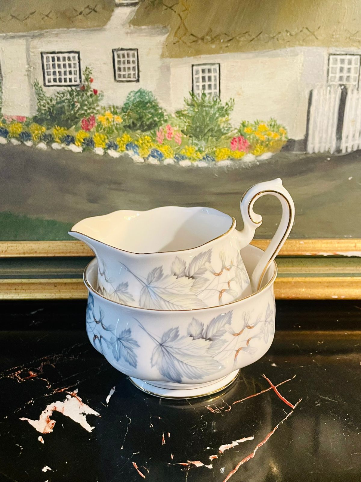 Royal Albert Vintage Fine Bone China Milk Jug & Sugar Bowl Set – Elegant Grey Leaf Floral Design with Gold Rim