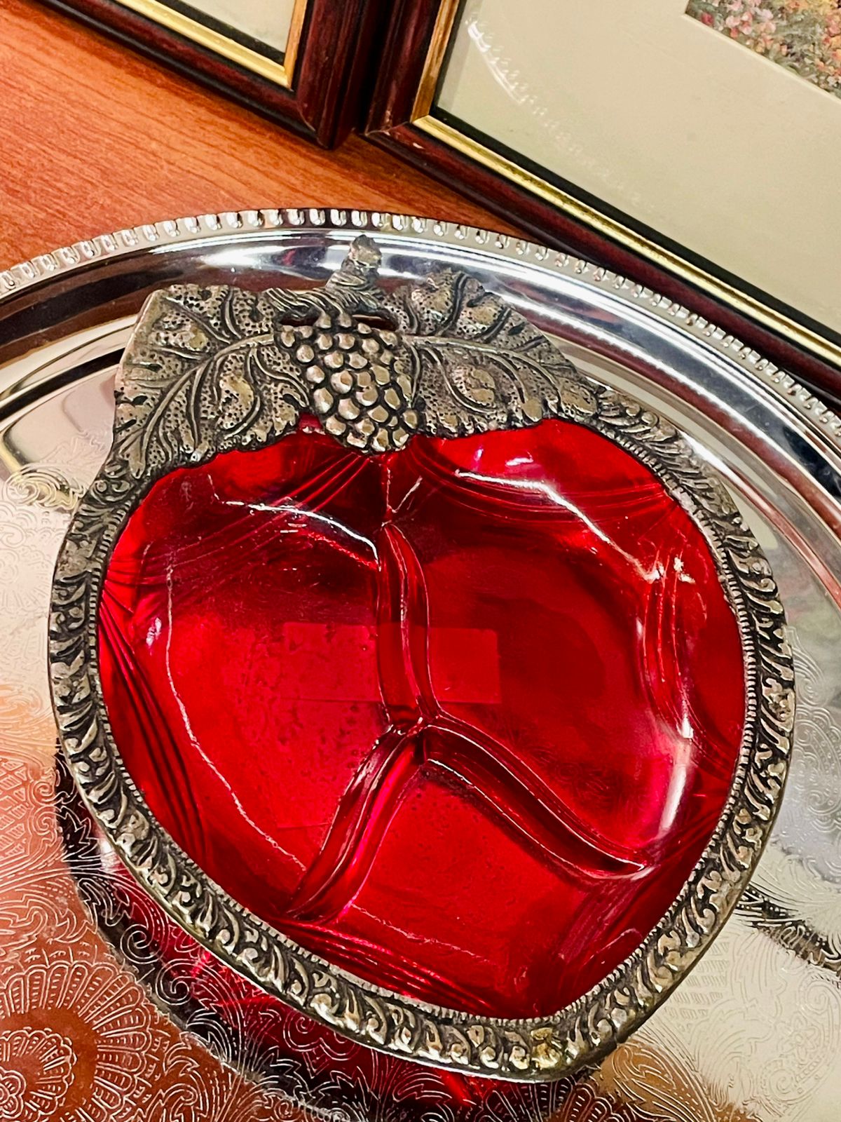 Vintage Leaf Dish, Blue Glass Decor, Divided Glass Bowl, Kala Gurjari India, Indian Handicraft Home Decor, Ornate Metal Rim Dish, Vintage Serving Dish, Collectible Glassware, Cottagecore Decor, Home Accent Bowl