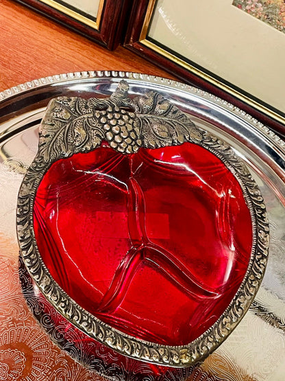 Vintage Leaf Dish, Blue Glass Decor, Divided Glass Bowl, Kala Gurjari India, Indian Handicraft Home Decor, Ornate Metal Rim Dish, Vintage Serving Dish, Collectible Glassware, Cottagecore Decor, Home Accent Bowl