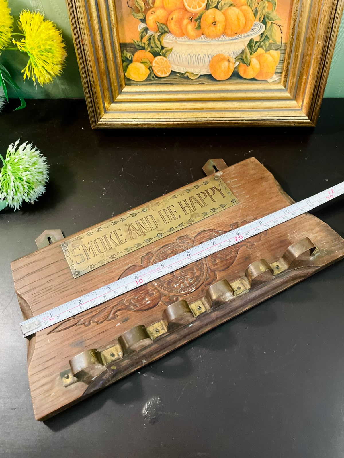 Vintage Wooden Pipe Rack & Tobacco Holder Wall Mount 11 Inch