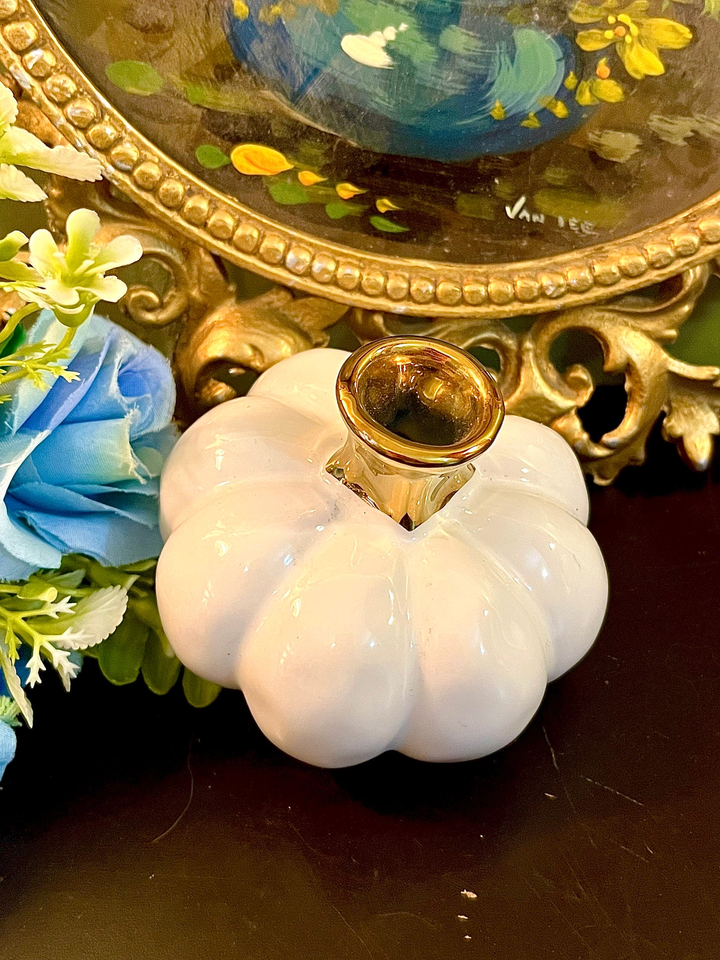 White Pumpkin Ceramic Bud Vase with Gold Neck Small Decorative Vase 3 Inch