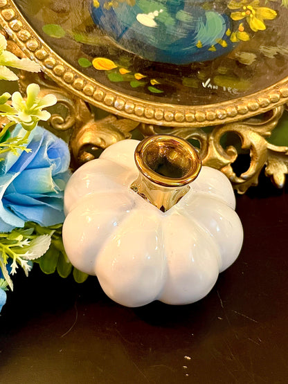 White Pumpkin Ceramic Bud Vase with Gold Neck Small Decorative Vase 3 Inch