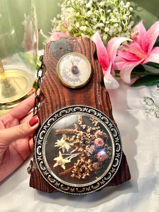 Vintage Wood Wall Plaque Dried Floral Display & Dial 22 cm