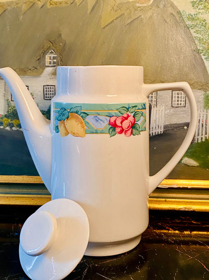Vintage Large Porcelain Coffee Pot with Fruit Design – Lemon & Cherry Pattern