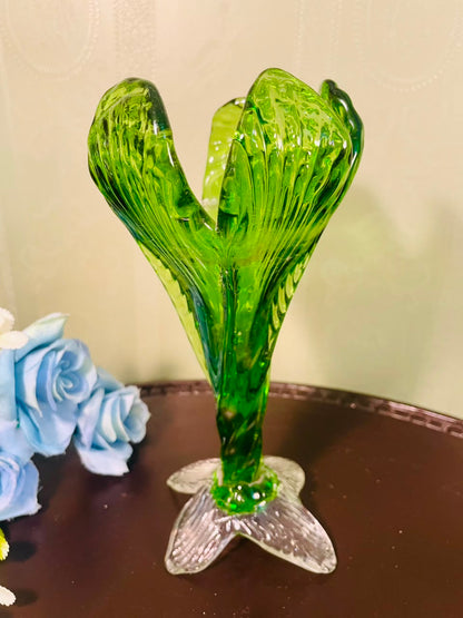 Vintage Green Crystal Lily Vase – 8 Inch Sculptural Floral Vase