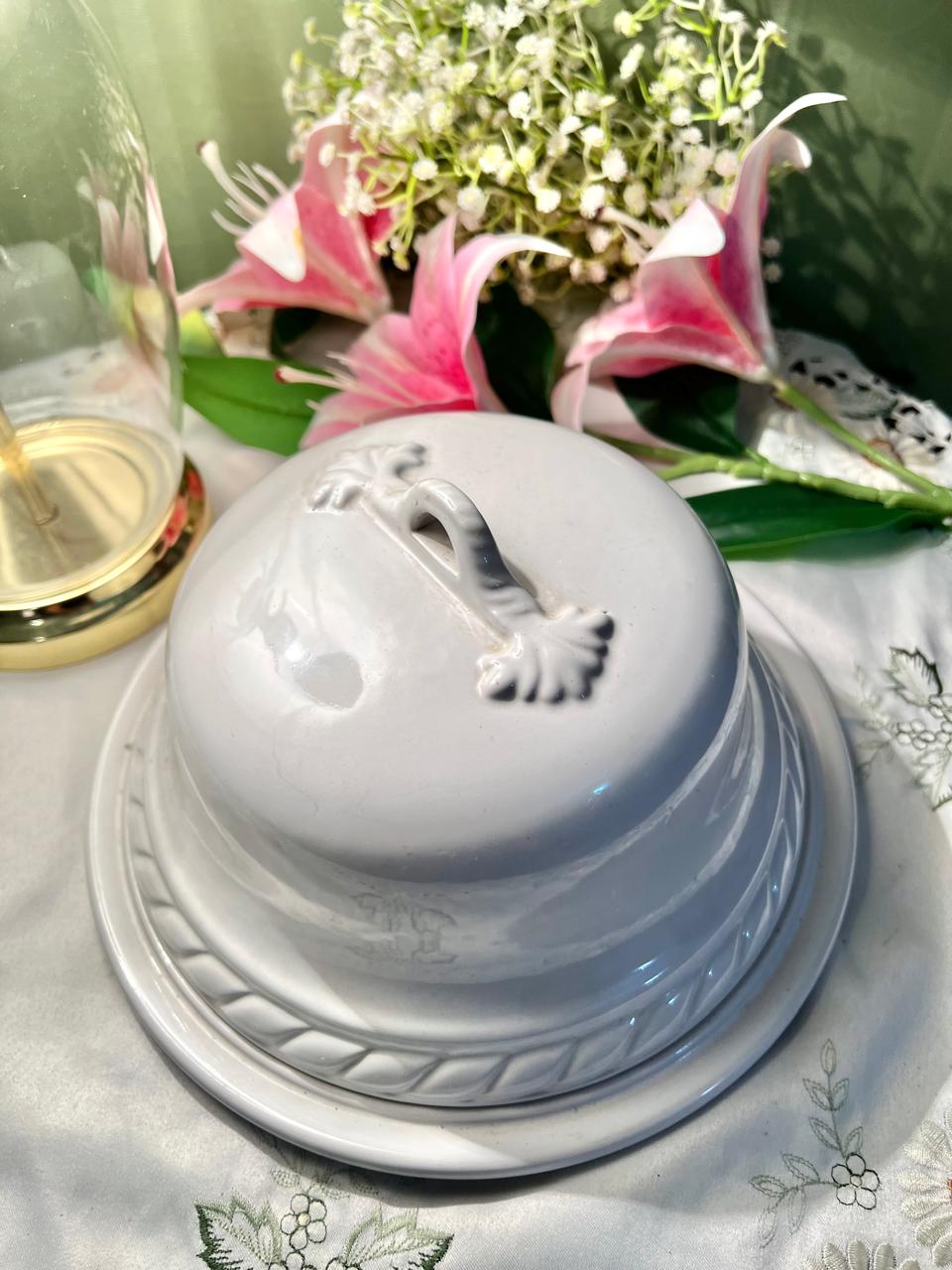 Vintage White Ceramic Cheese Dome & Serving Plate Set