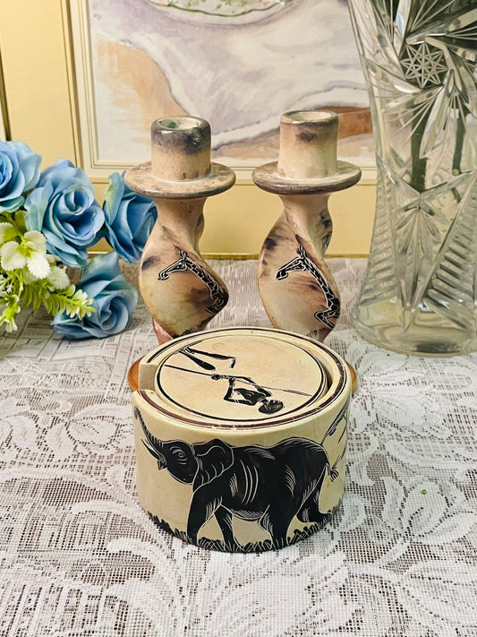 (Rare Find) Vintage African Safari Candle Holders Set and Coaster set of 6