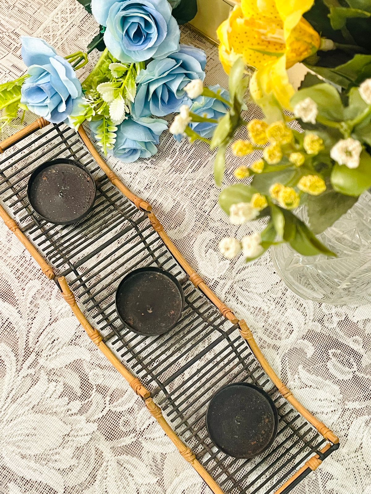 Rustic Metal & Rattan Candle Holder Tray