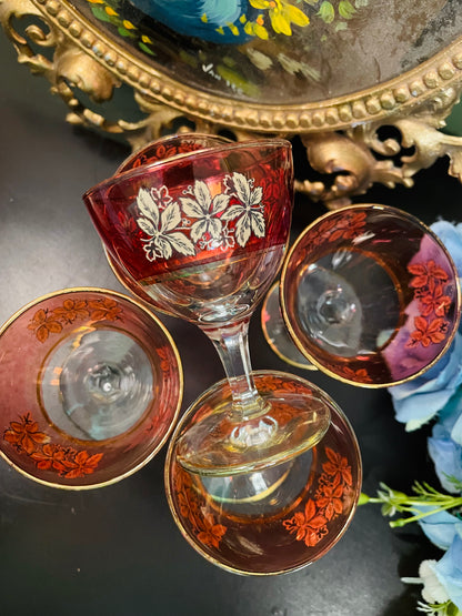 Vintage Ruby Red & Gold Floral Cocktail Glasses – Set of 5