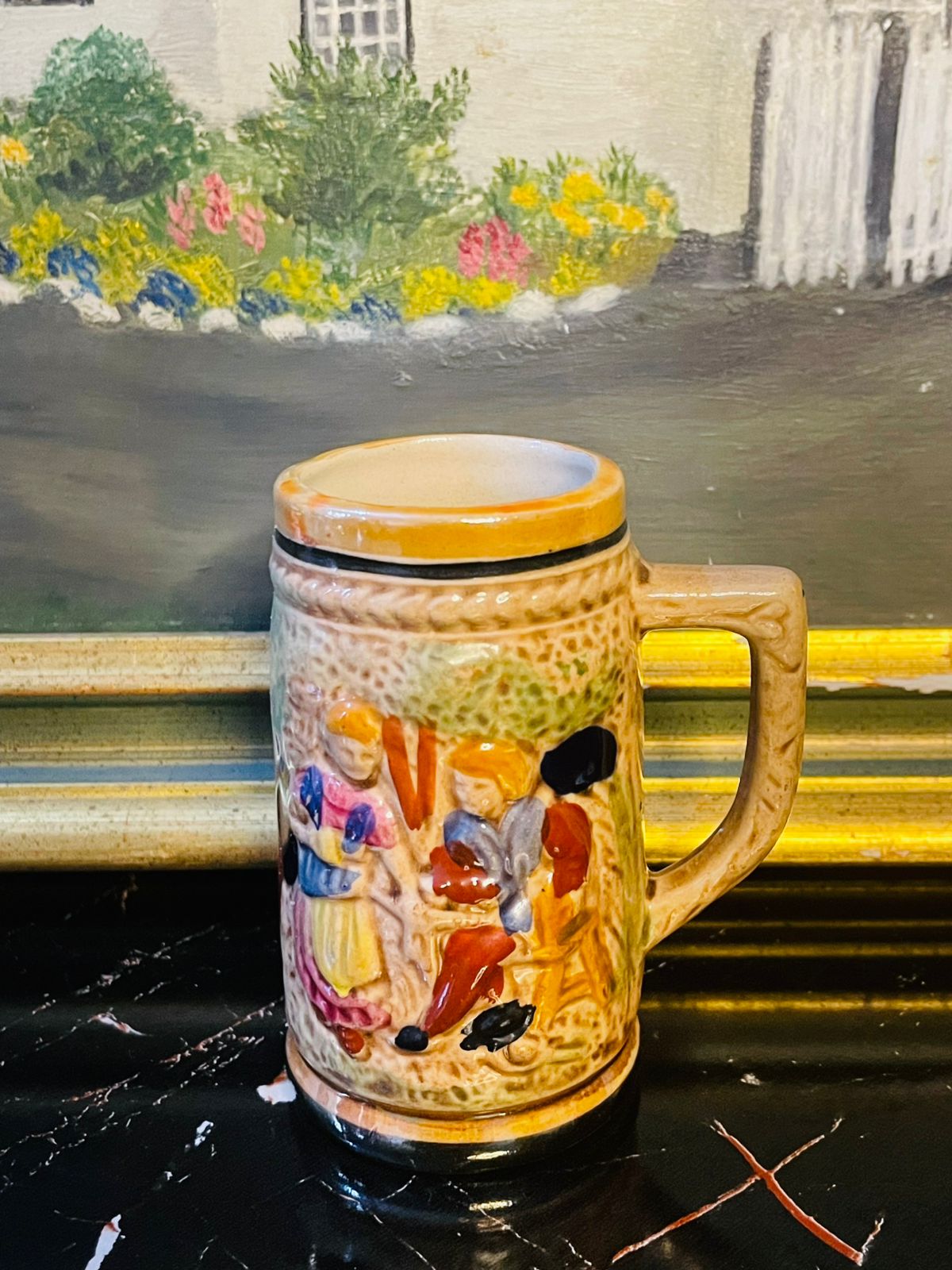 Vintage Ceramic Stein – Embossed Tavern Scene Collectible Mug