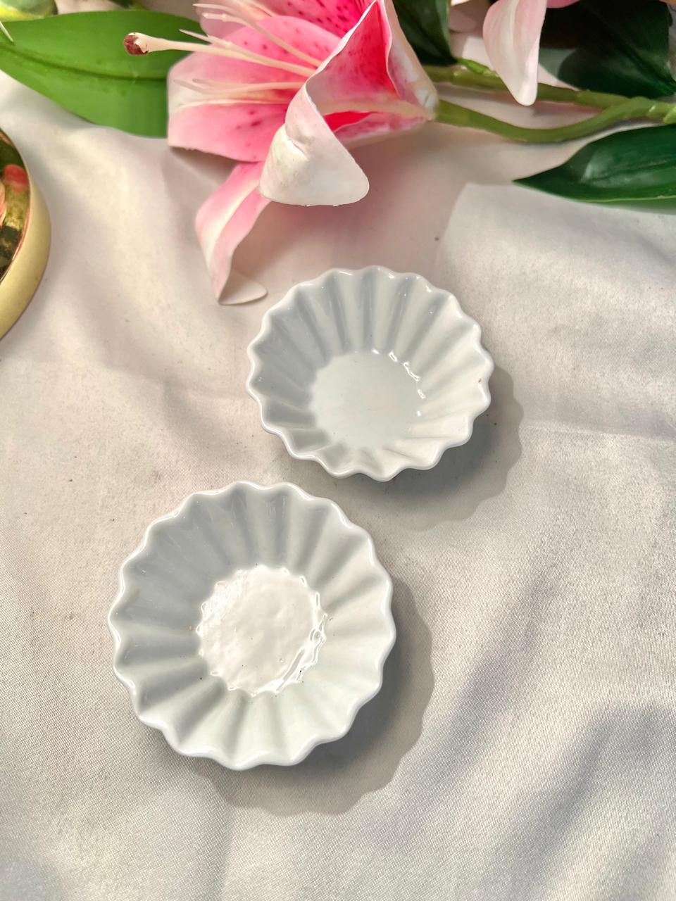 Cosy Trendy White Fluted Ceramic Dishes Set of 2 7cm