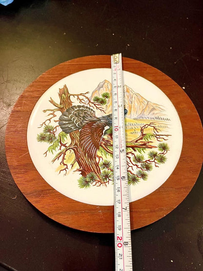 Vintage Eagle Ceramic Trivet with Wooden Frame 8 Inch