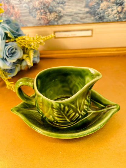 Vintage Green Leaf Creamer & Saucer Set Portugal