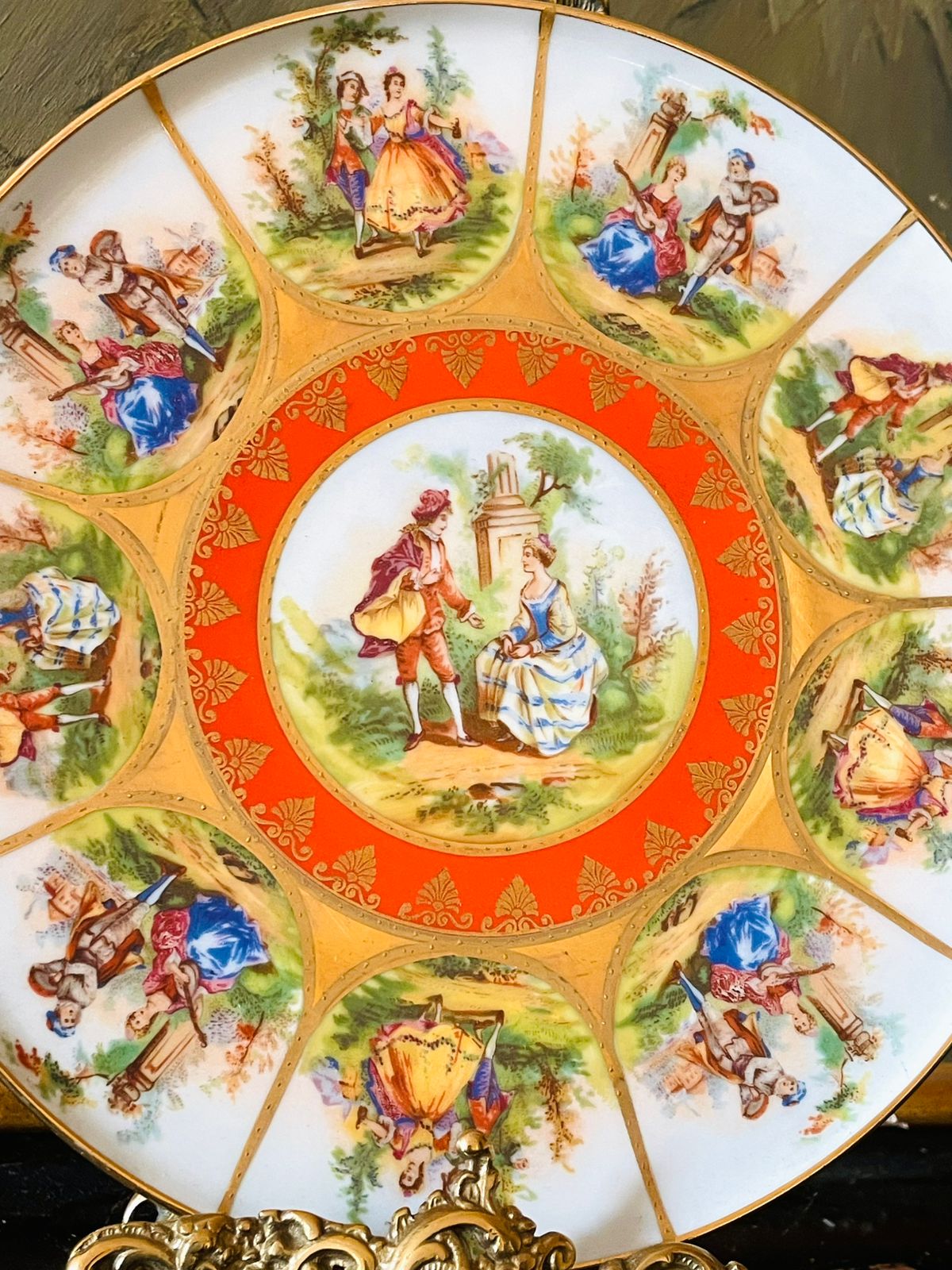 (Rare Find) Old Vienna Decorative Plate – Rococo Revival Scene with Gold Accents, England