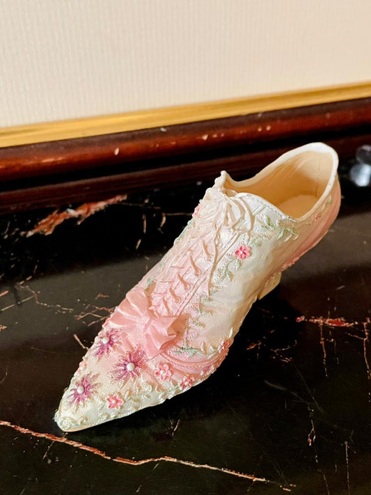 rare thrift finds, vintage Victorian shoe, floral decorative shoe figurine, antique shoe collectible Pakistan, resin decorative shoe, European vintage drop, curated vintage collection, English shoe ornament, timeless Victorian décor, pink embroidered shoe