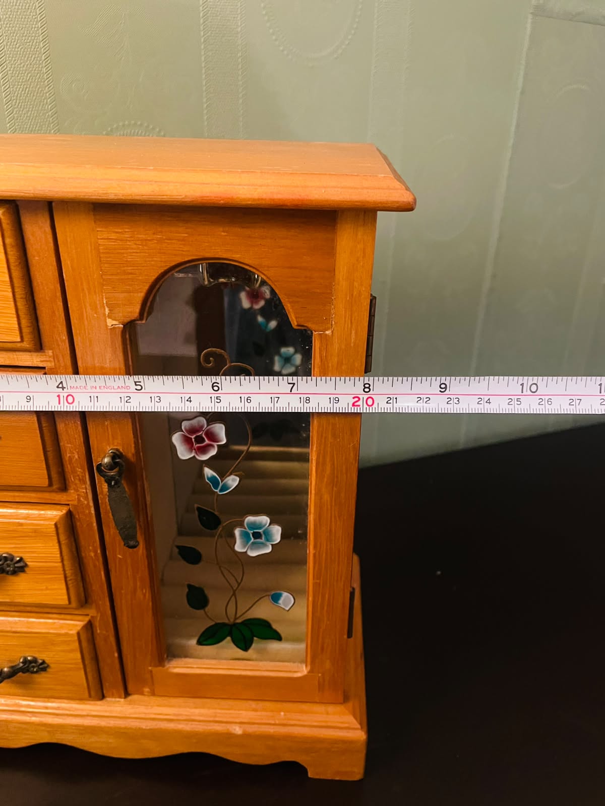 Vintage Wooden Jewelry Box Cabinet with Floral Glass Door