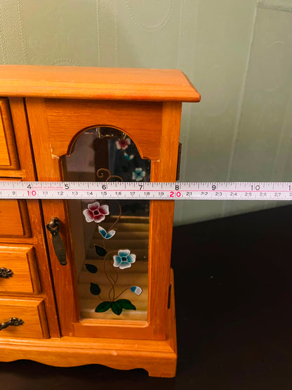 Vintage Wooden Jewelry Box Cabinet with Floral Glass Door