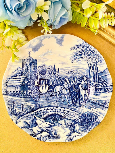 Vintage Blue & White Horse Carriage Decorative Plate 6.5 in– Cottagecore Wall Art