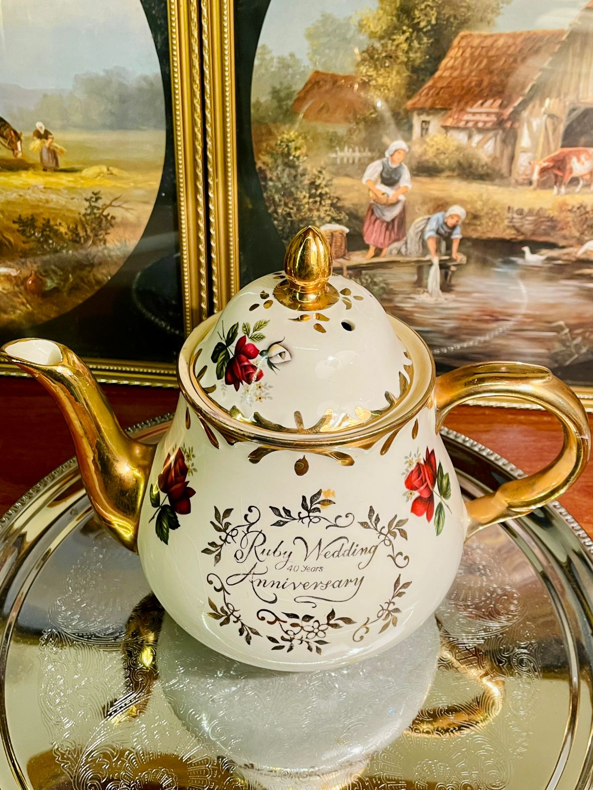 ruby anniversary teapot, ruby wedding gift, 40th anniversary present, vintage teapot decor, floral gold teapot, ceramic collectible teapot, romantic home décor, gift for parents, keepsake anniversary gift, english style teapot, display teapot