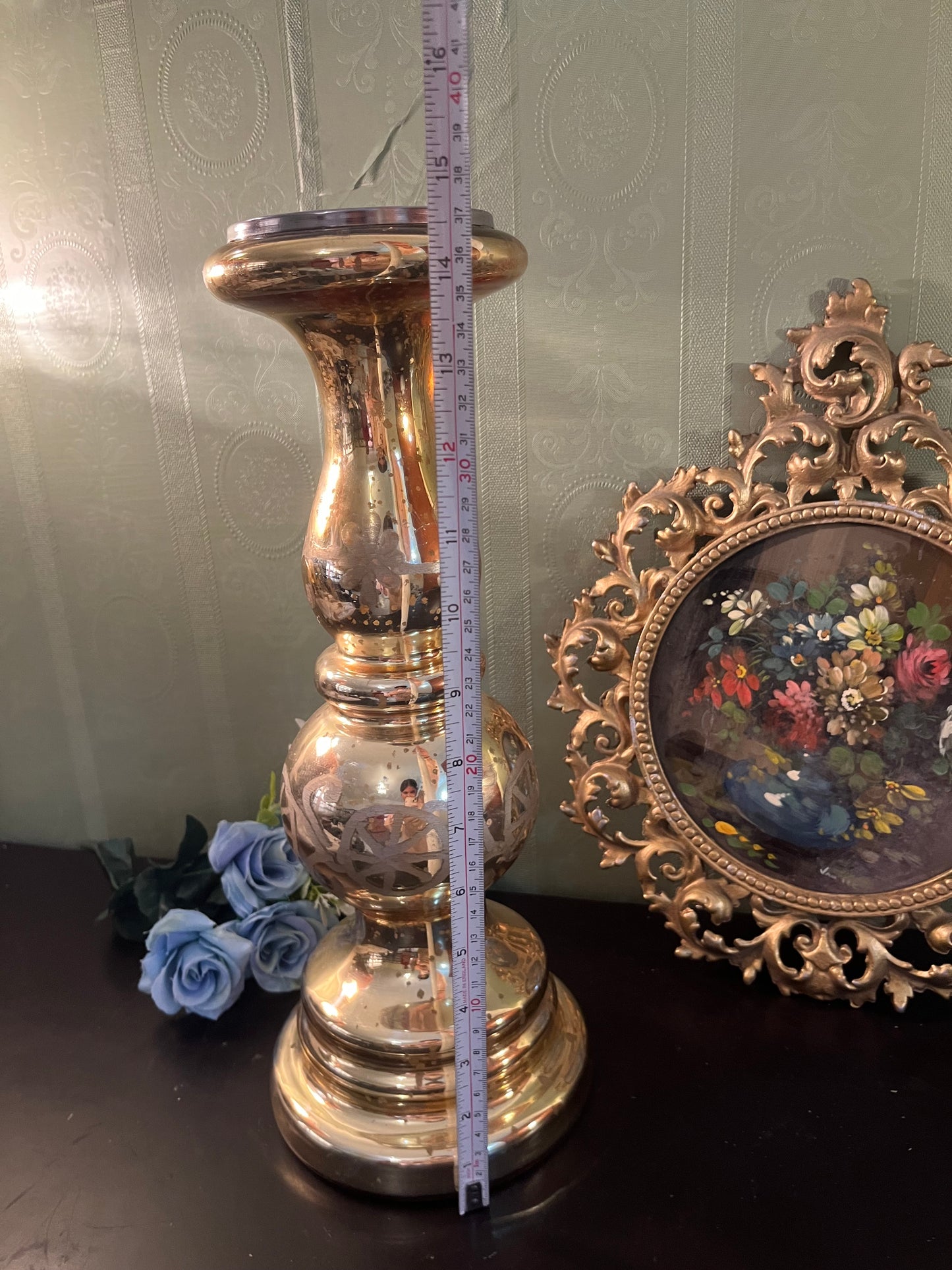 Large Gold Mercury Glass Candle Holder / Tall Pillar Candle Stand