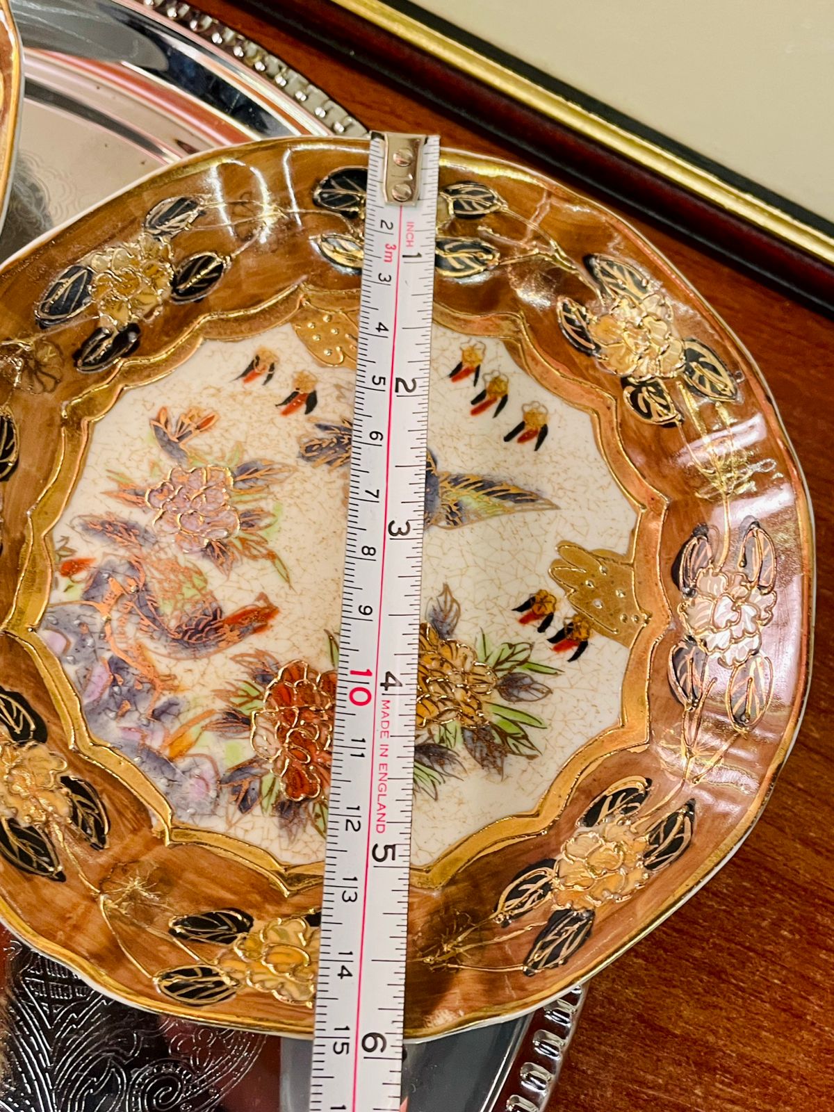 Vintage Gilded Oriental Plate – Hand-Painted Floral & Bird Art Dish