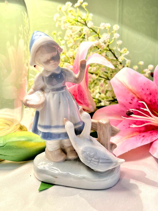 Vintage Porcelain Girl with Geese Figurine – Blue & White Pastoral Ornament, Approx. 14 cm