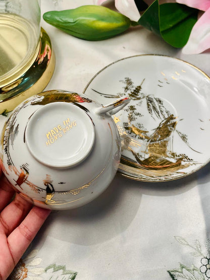 Vintage Hong Kong Porcelain Cup & Saucer with Gilt Oriental Scene