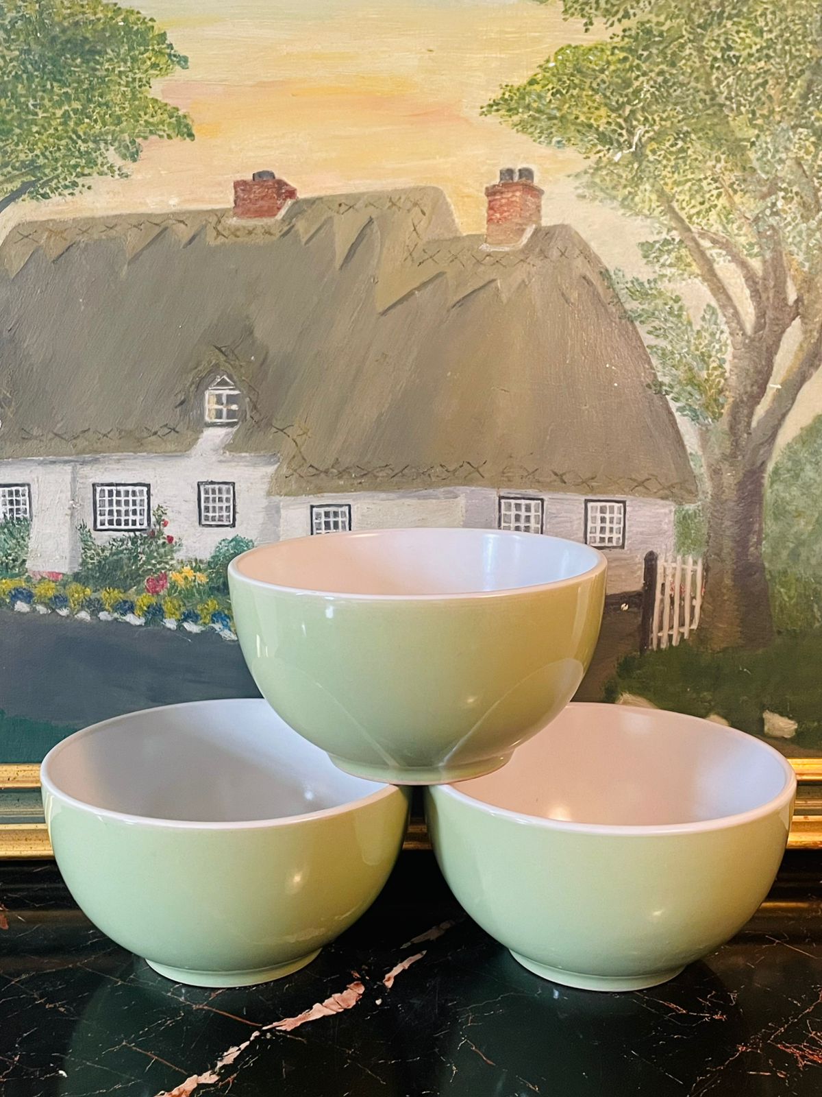 Set of 3 Noritake “Sage Green” Stoneware Cereal Bowls – Modern Minimalist Collection