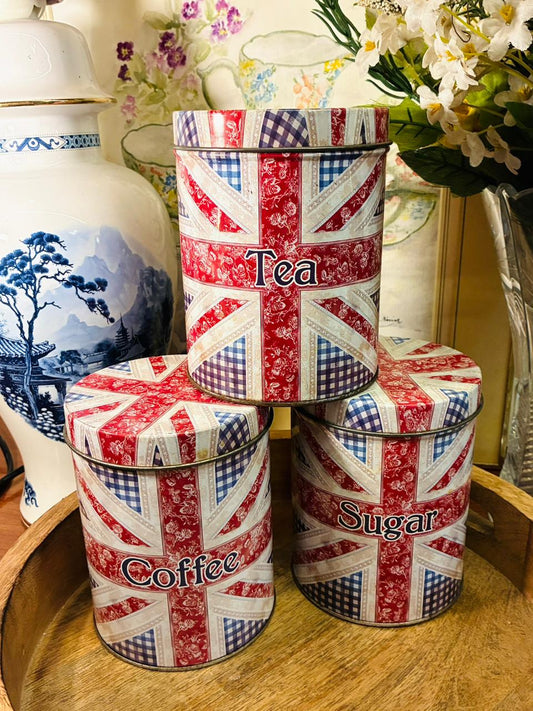 Vintage Union Jack Tea Coffee Sugar Tin Canister Set — England Style