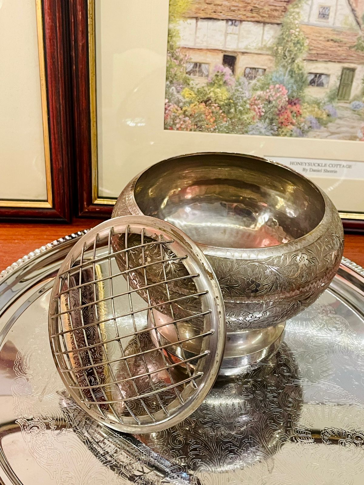 Silver Engraved Flower Arranger Bowl – Vintage Floral Frog Vase