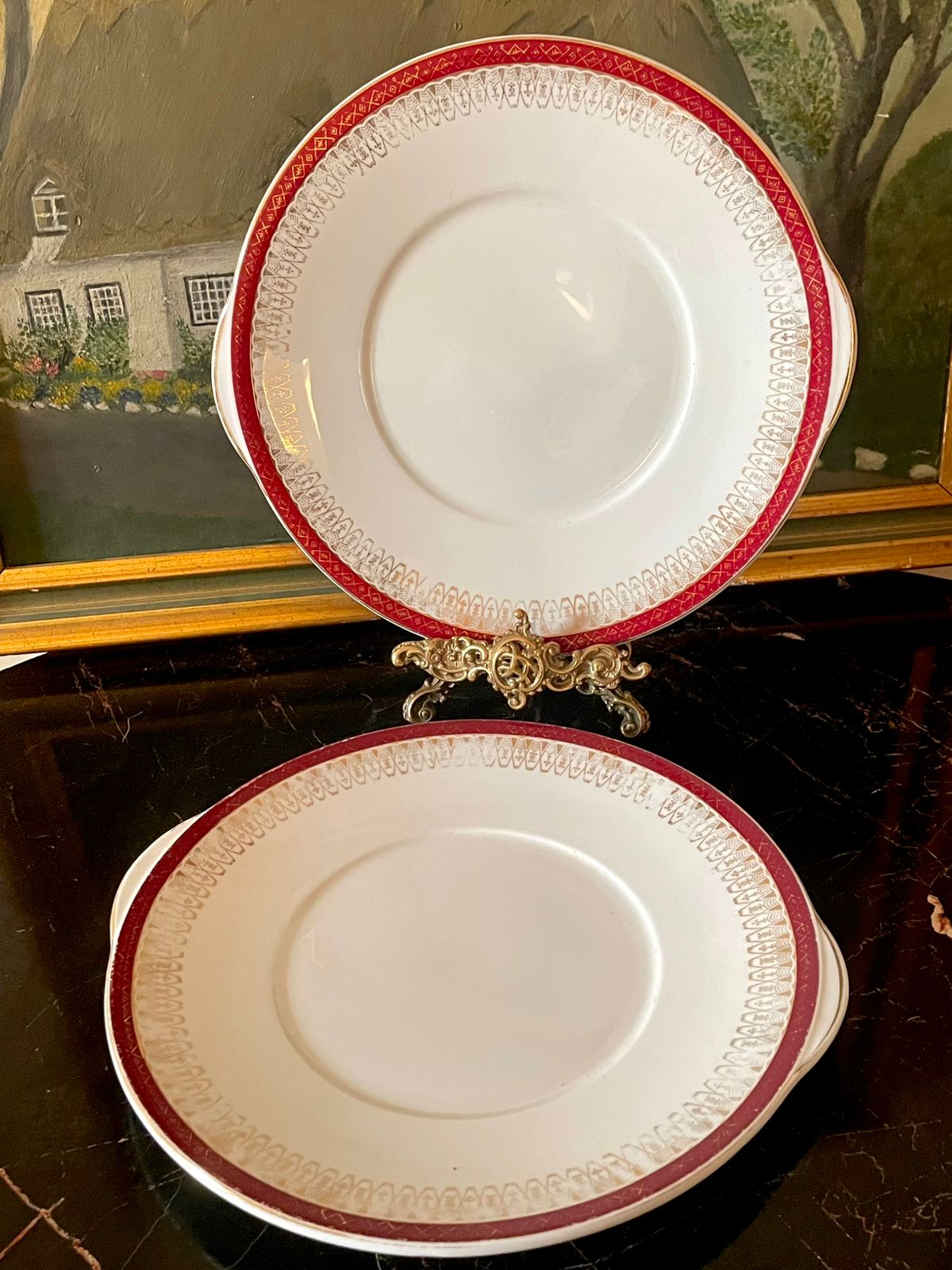 royal stafford england, majestic pattern, red and gold plate, vintage english china, fine bone china england, european vintage crockery, sunset kitchen decor, collectible tableware, royal stafford plate, antique porcelain england, high end thrift pakistan, royal dinnerware set