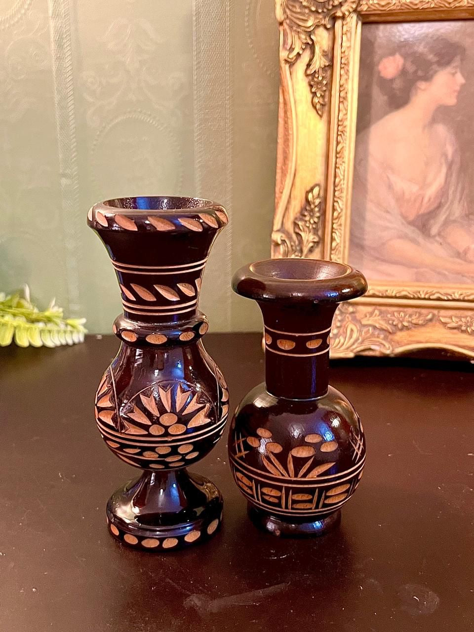 Set of 2 Vintage Brown Hand Painted Mini Vases 6 Inch