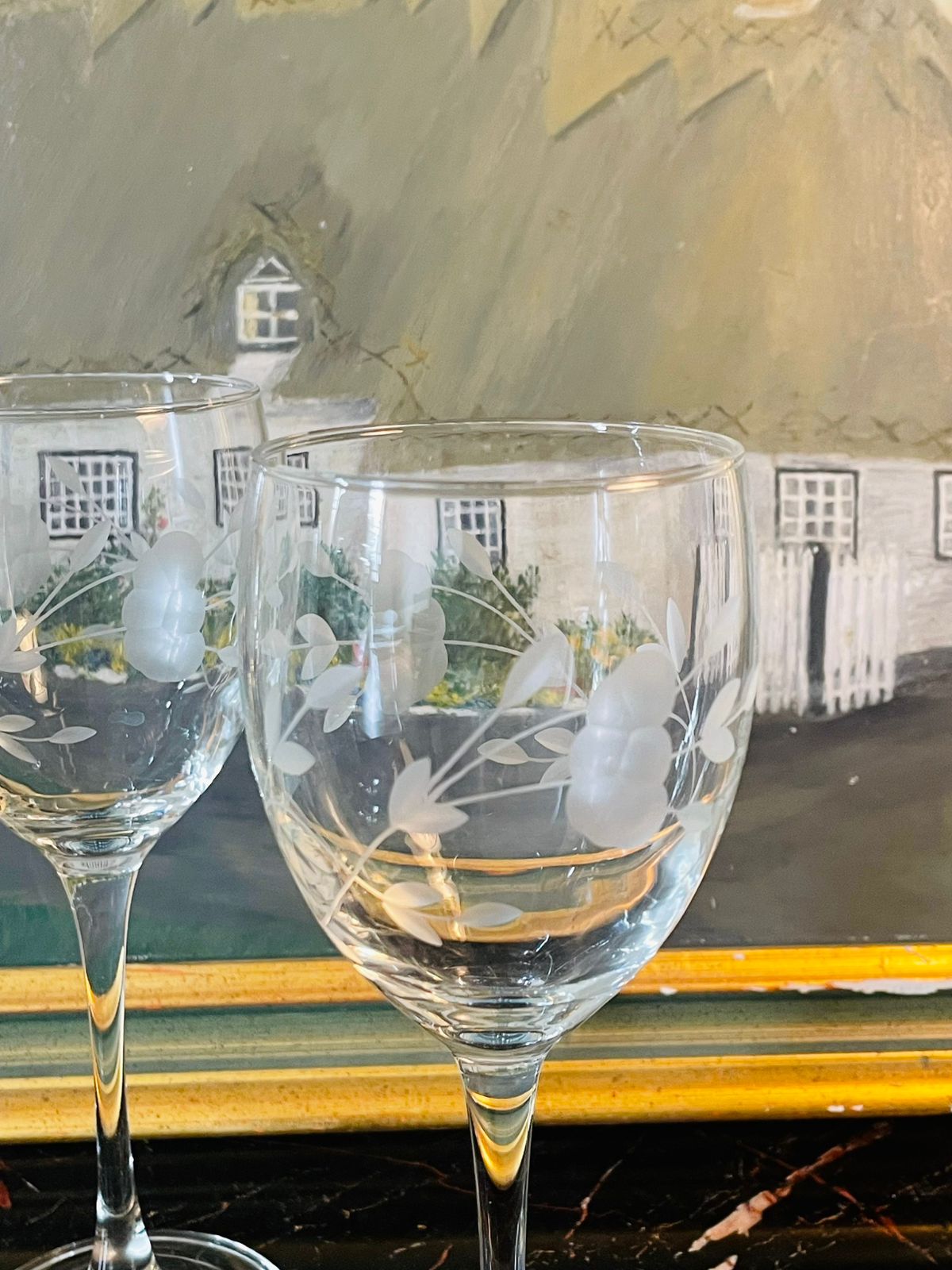 Set of 4 Vintage Etched crystal Glasses – Frosted Floral & Leaf Design