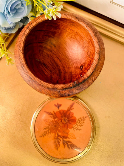 Vintage Wooden Floral Trinket Box with Brass Lid